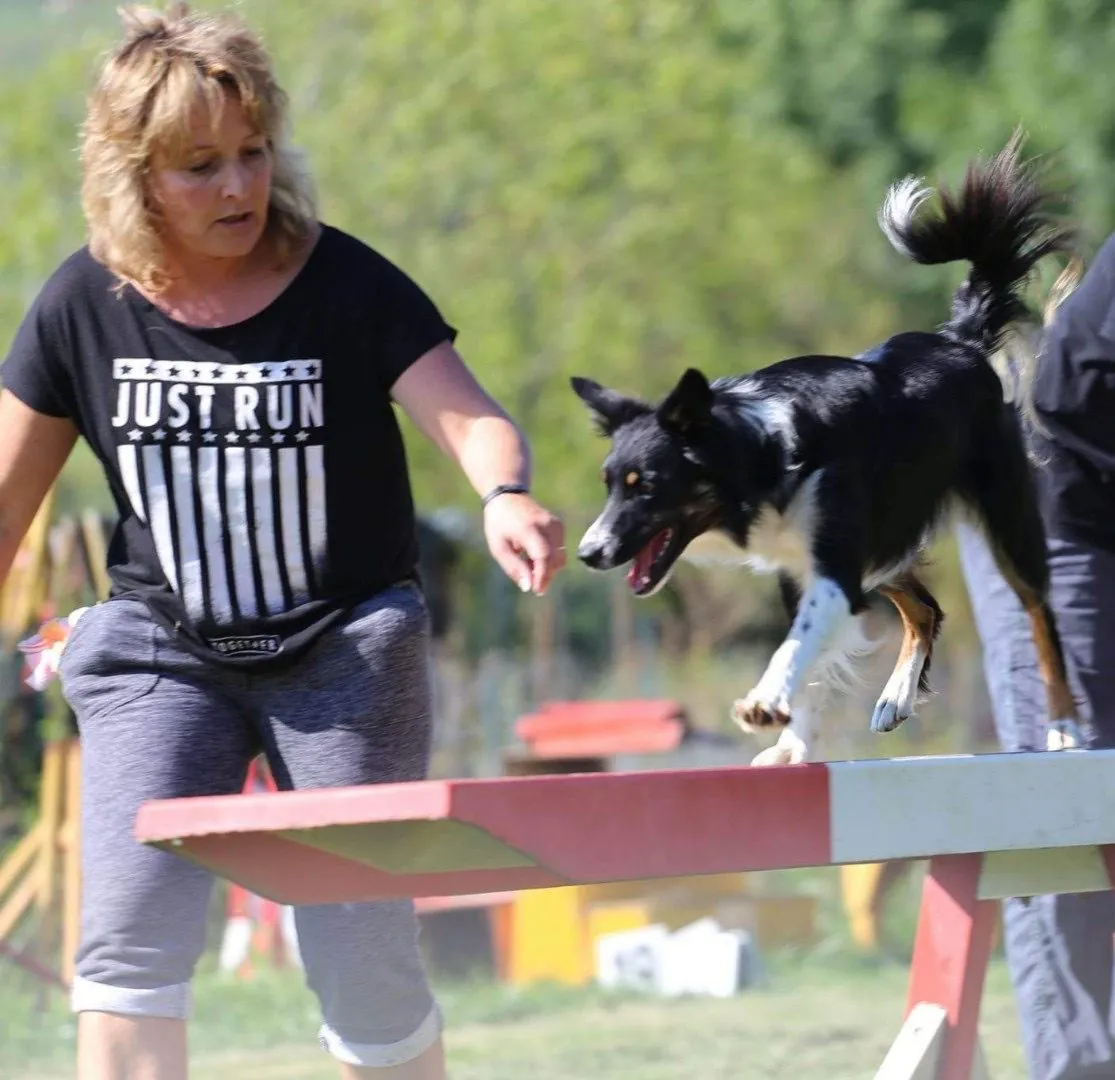 Valérie Courtot guide un chien sur une poutre rouge et blanche